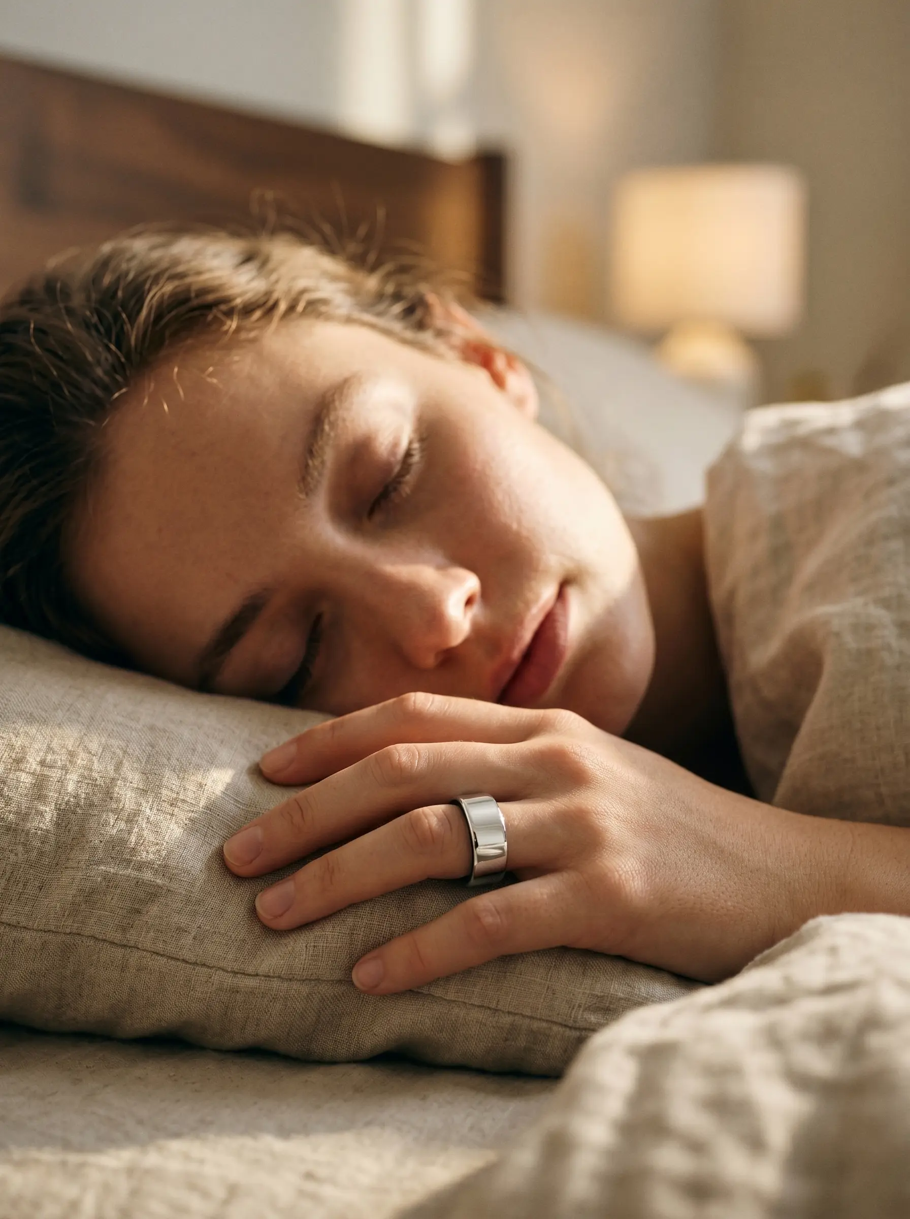 Person sleeping peacefully wearing XONYL smart ring