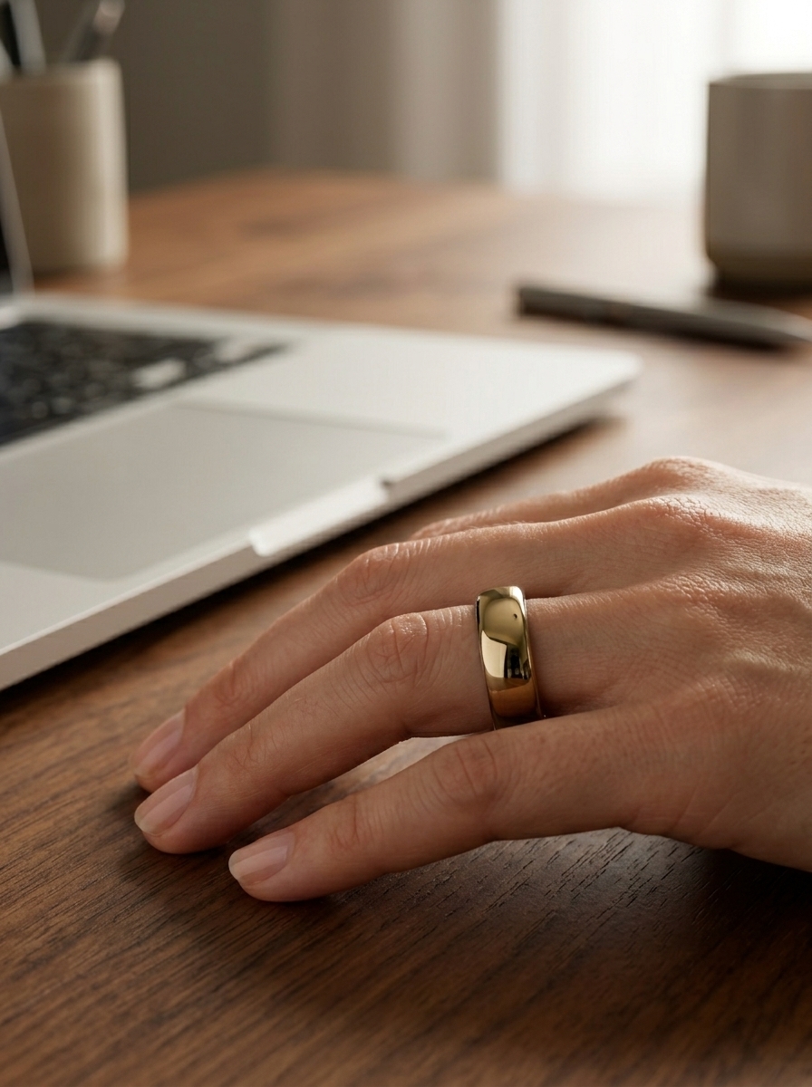 XONYL smart ring on hand near laptop, morning light