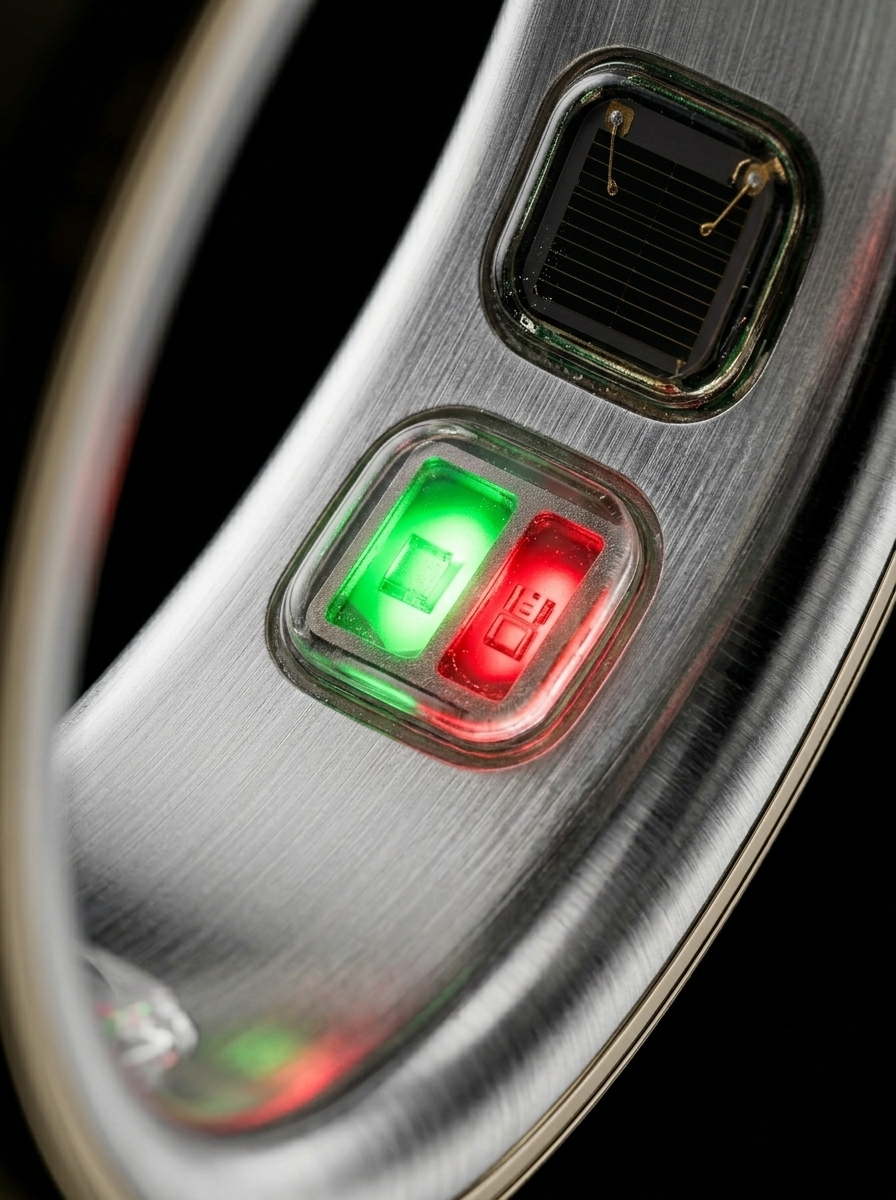 Macro close-up of XONYL smart ring sensors glowing