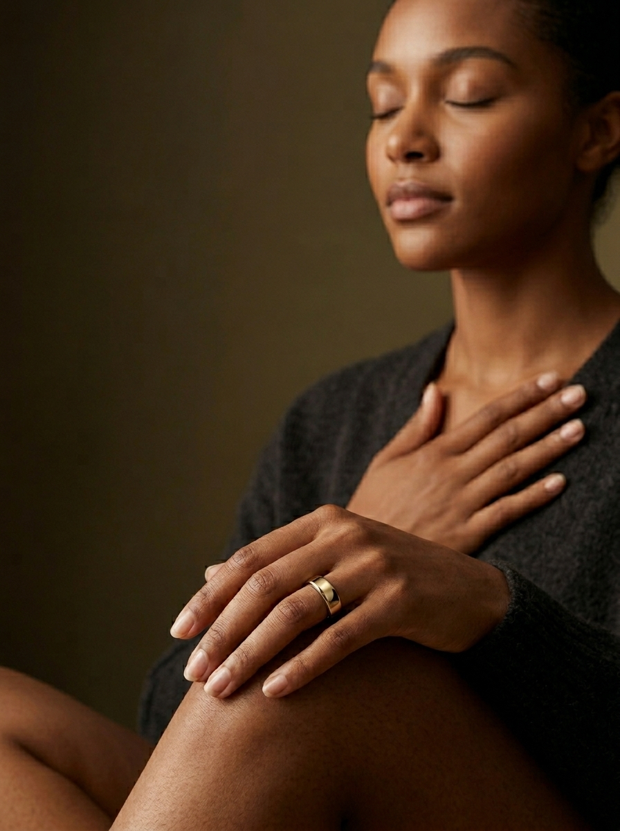 Person sitting calmly wearing XONYL smart ring