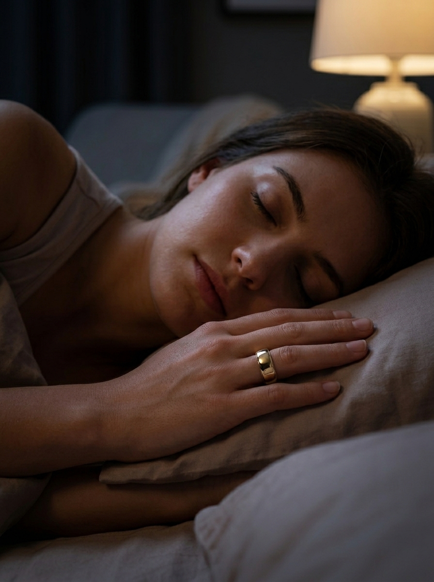 Woman sleeping peacefully wearing XONYL smart ring