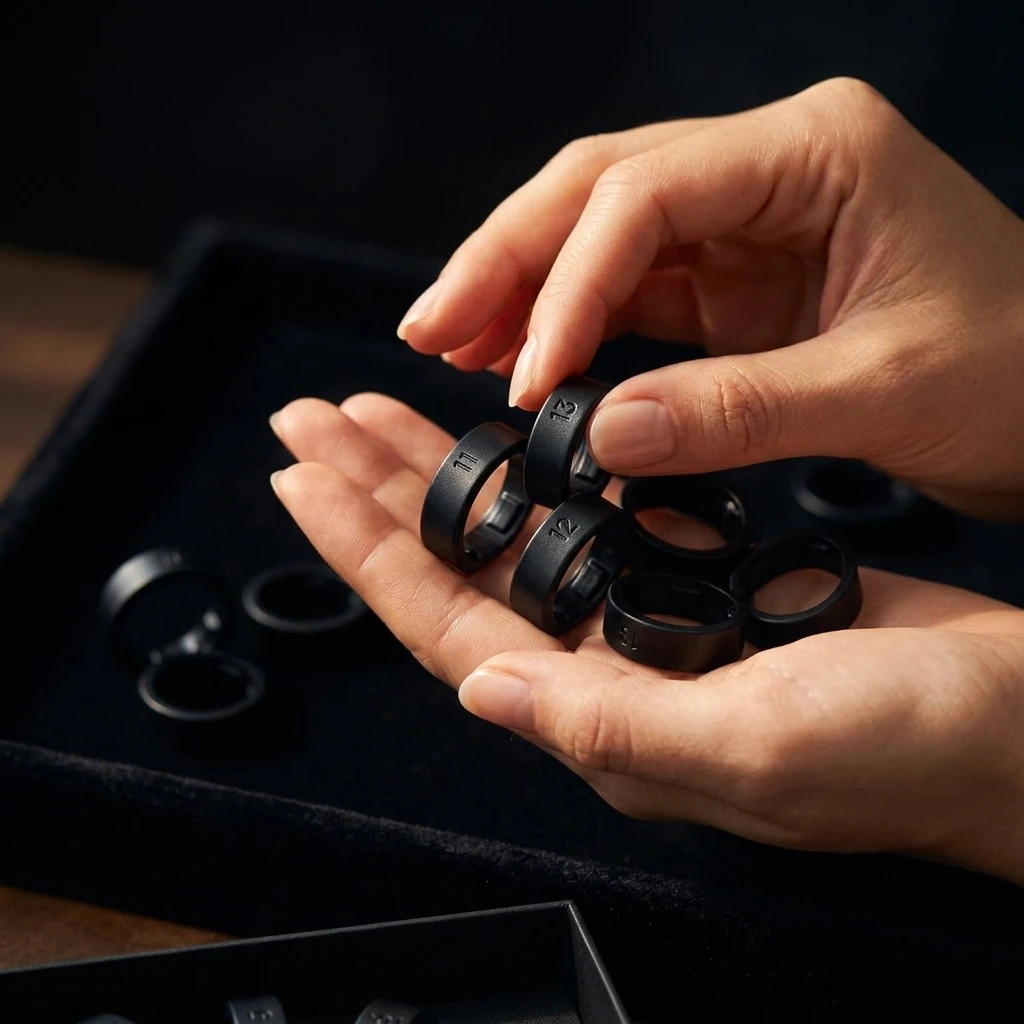 XONYL Core & Aura Smart Ring Sizing Kit hand holding ring sizers 202607282338